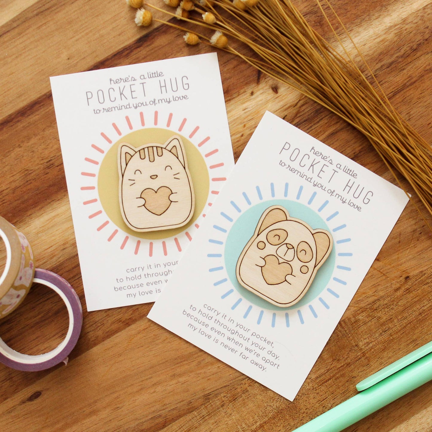 Wooden Pocket Hug, Cat. Thinking of You Gift