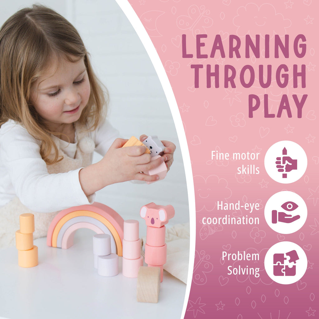 Child playing with wooden toys on a white surface, with text about learning through play.