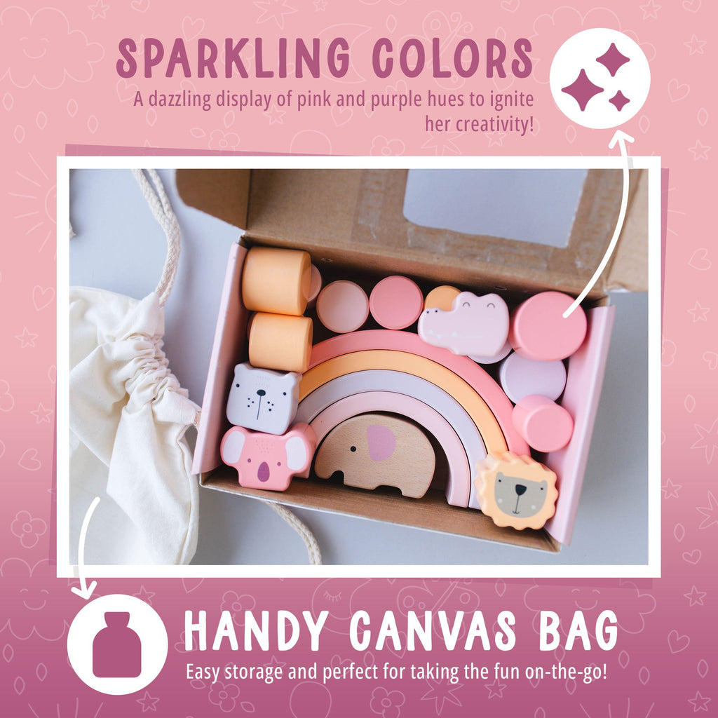 Wooden toys with pink and purple hues in a box on a pink background with text about storage.