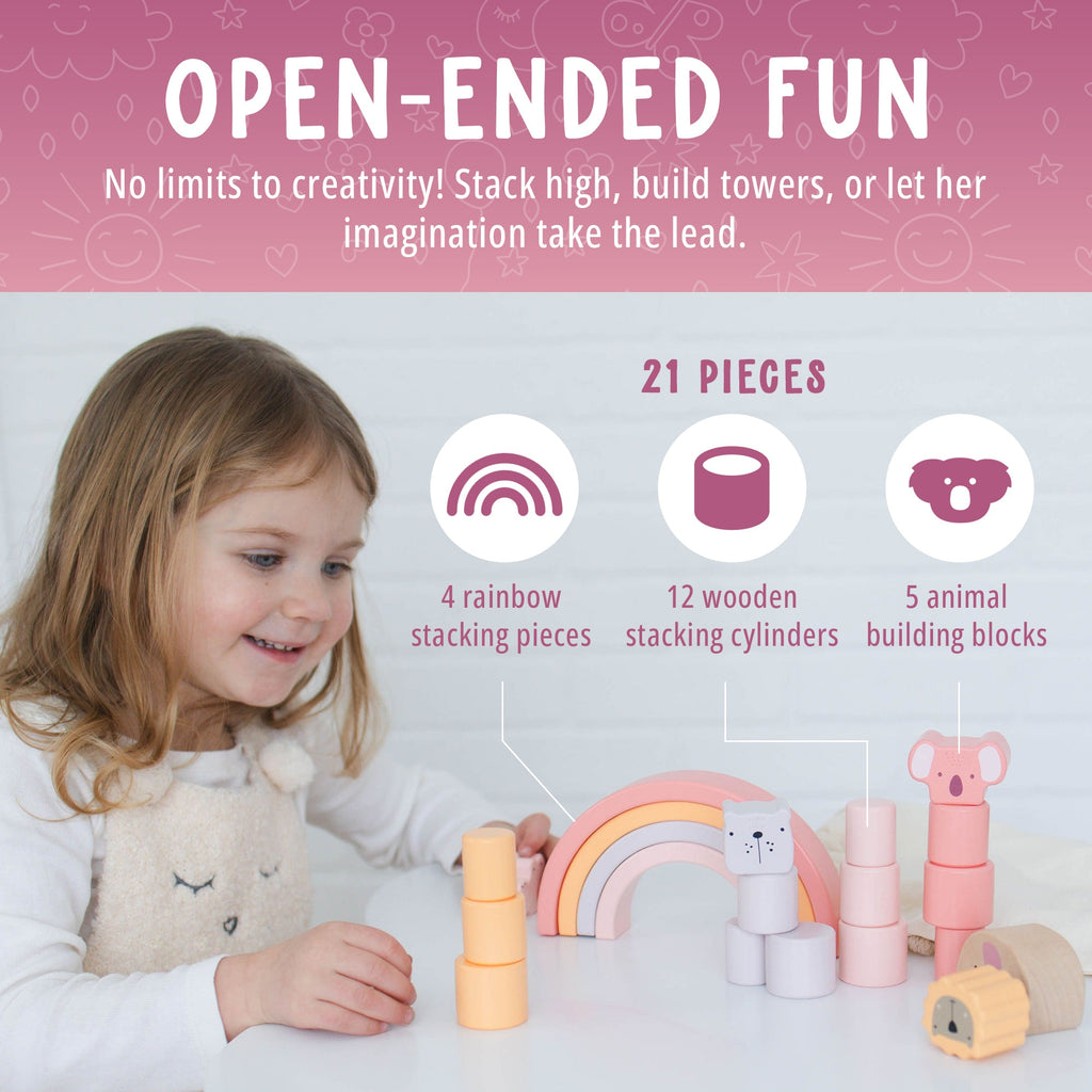 Child playing with building blocks and text about open-ended fun and product details.