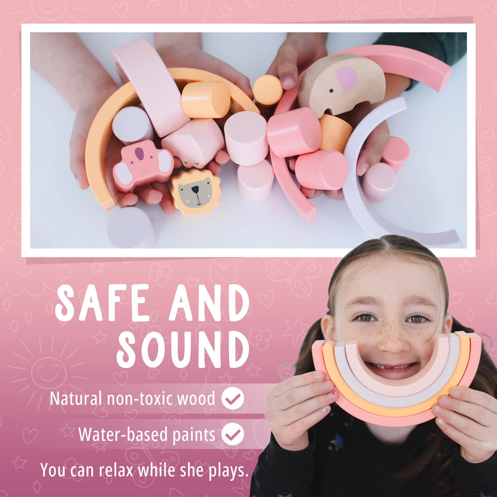 Children's wooden toys with a focus on safety, featuring a child holding a toy.