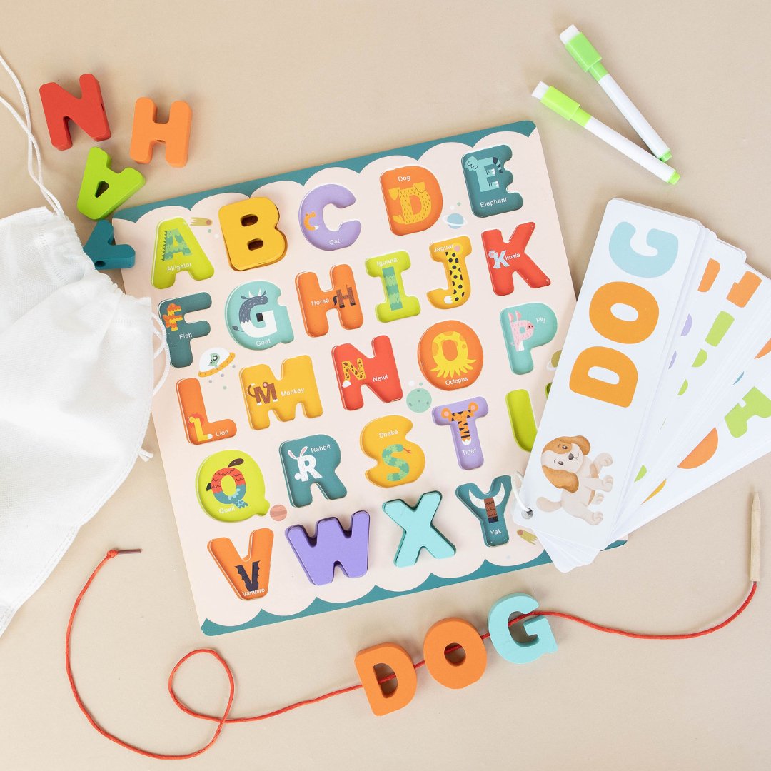 ABC Puzzle Set with Flashcards, Whiteboard, Lacing String and Storage Bag - Alphabet Learning Toys - SpiritnSprout