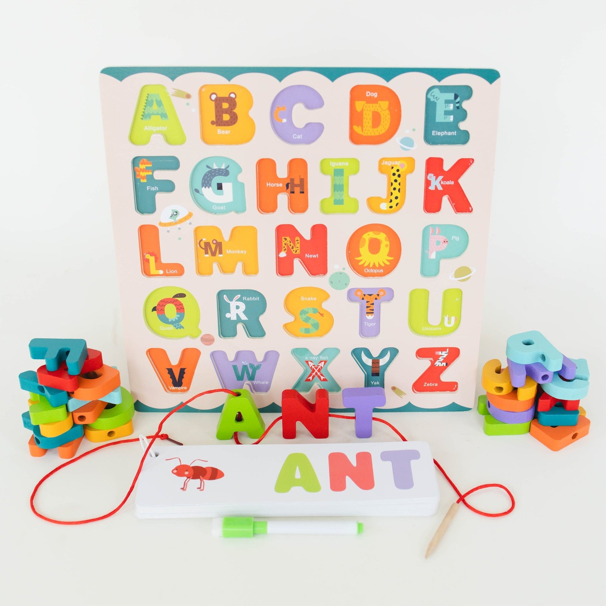 ABC Puzzle Set with Flashcards, Whiteboard, Lacing String and Storage Bag - Alphabet Learning Toys - SpiritnSprout