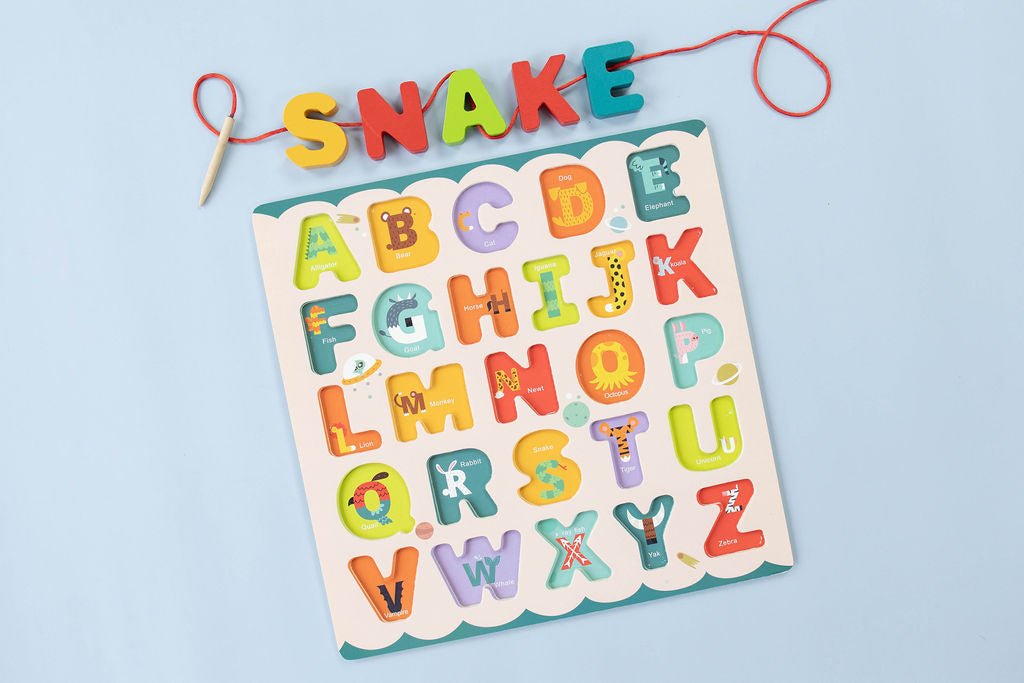 ABC Puzzle Set with Flashcards, Whiteboard, Lacing String and Storage Bag - Alphabet Learning Toys - SpiritnSprout