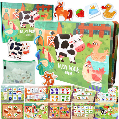 Farm Busy Book for Toddlers - Preassembled with Zipper Pouch - Velcro Matching Activity Book - SpiritnSprout