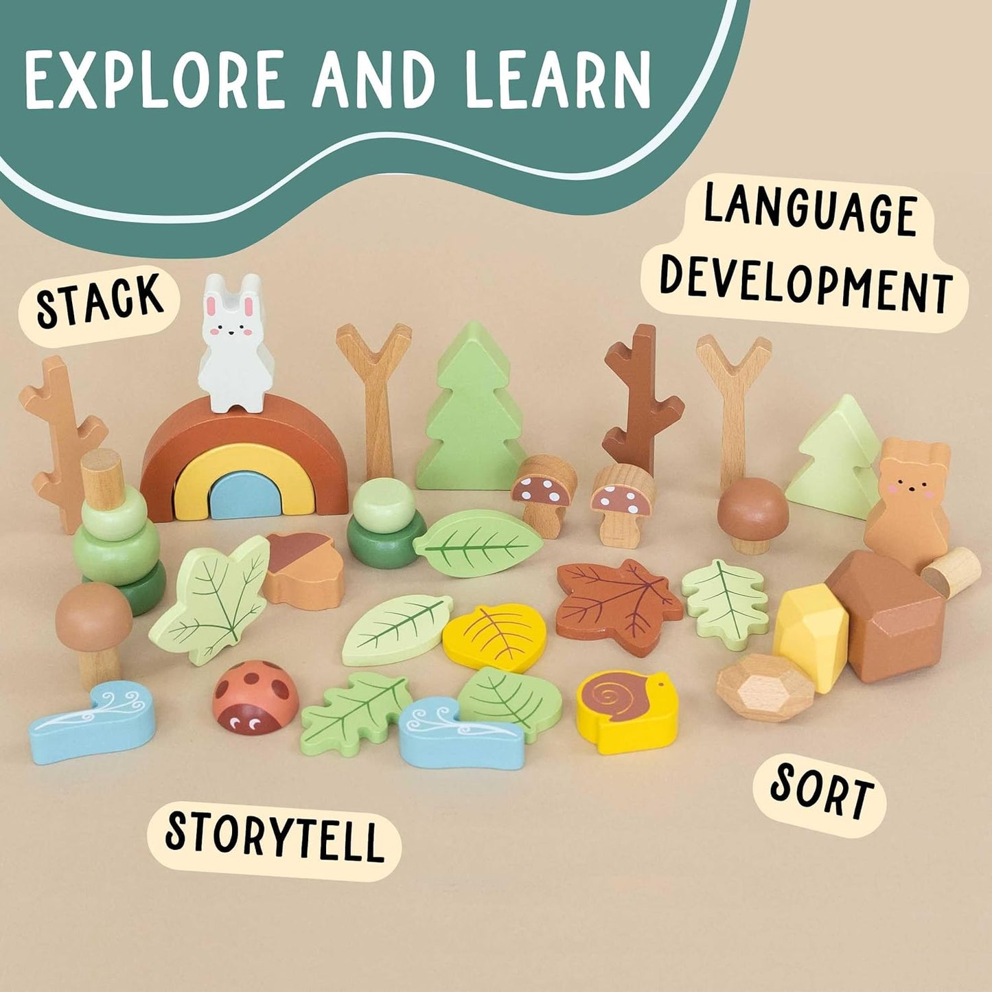 Wooden Forest Sensory Bin Accessories - Montessori Toddler Toys - Wooden Stacking Blocks - SpiritnSprout