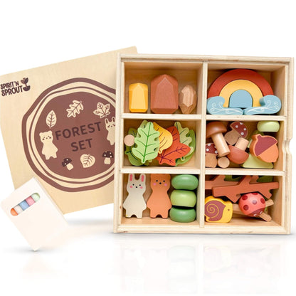 Wooden Forest Sensory Bin Accessories - Montessori Toddler Toys - Wooden Stacking Blocks - SpiritnSprout